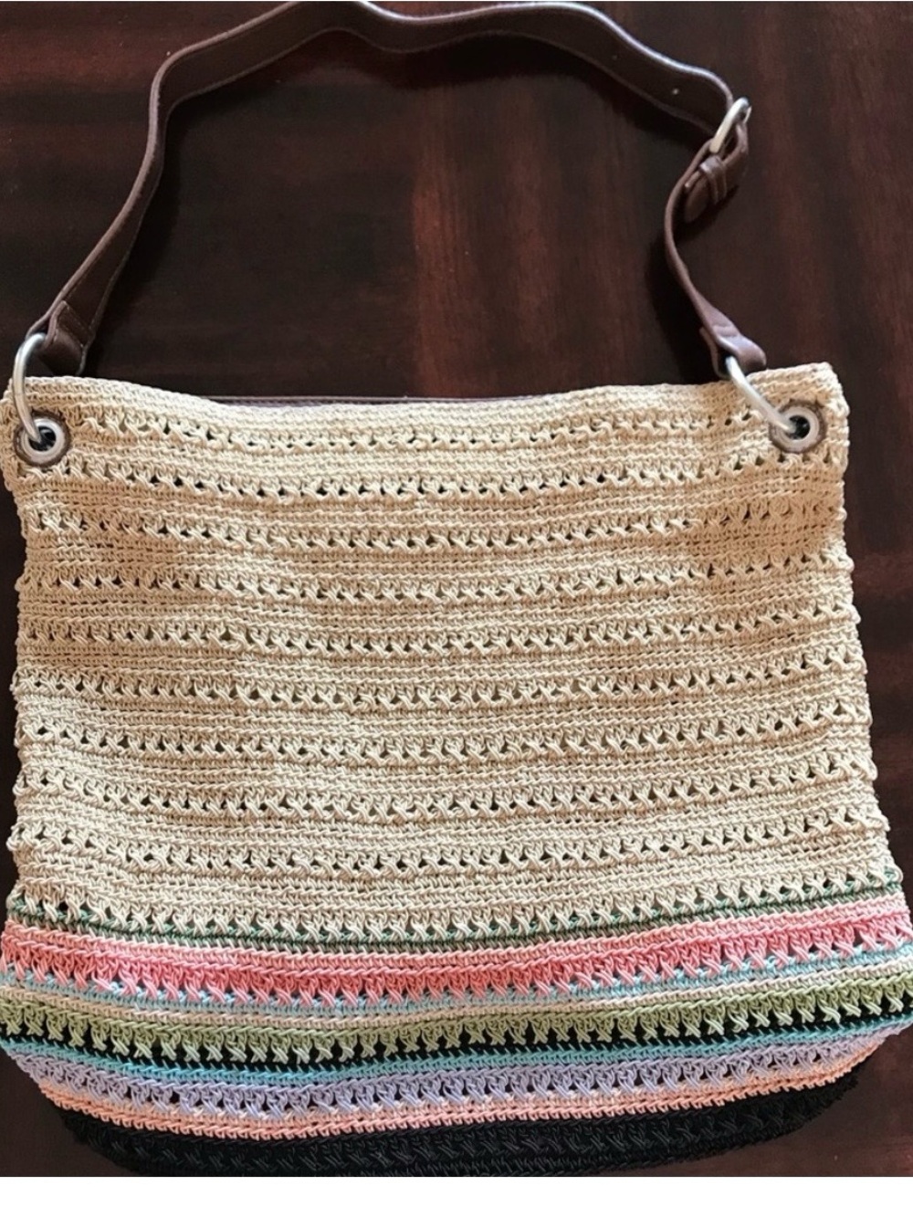 Crochet Woven Shoulder Bag with Pastel Stripe Detail
